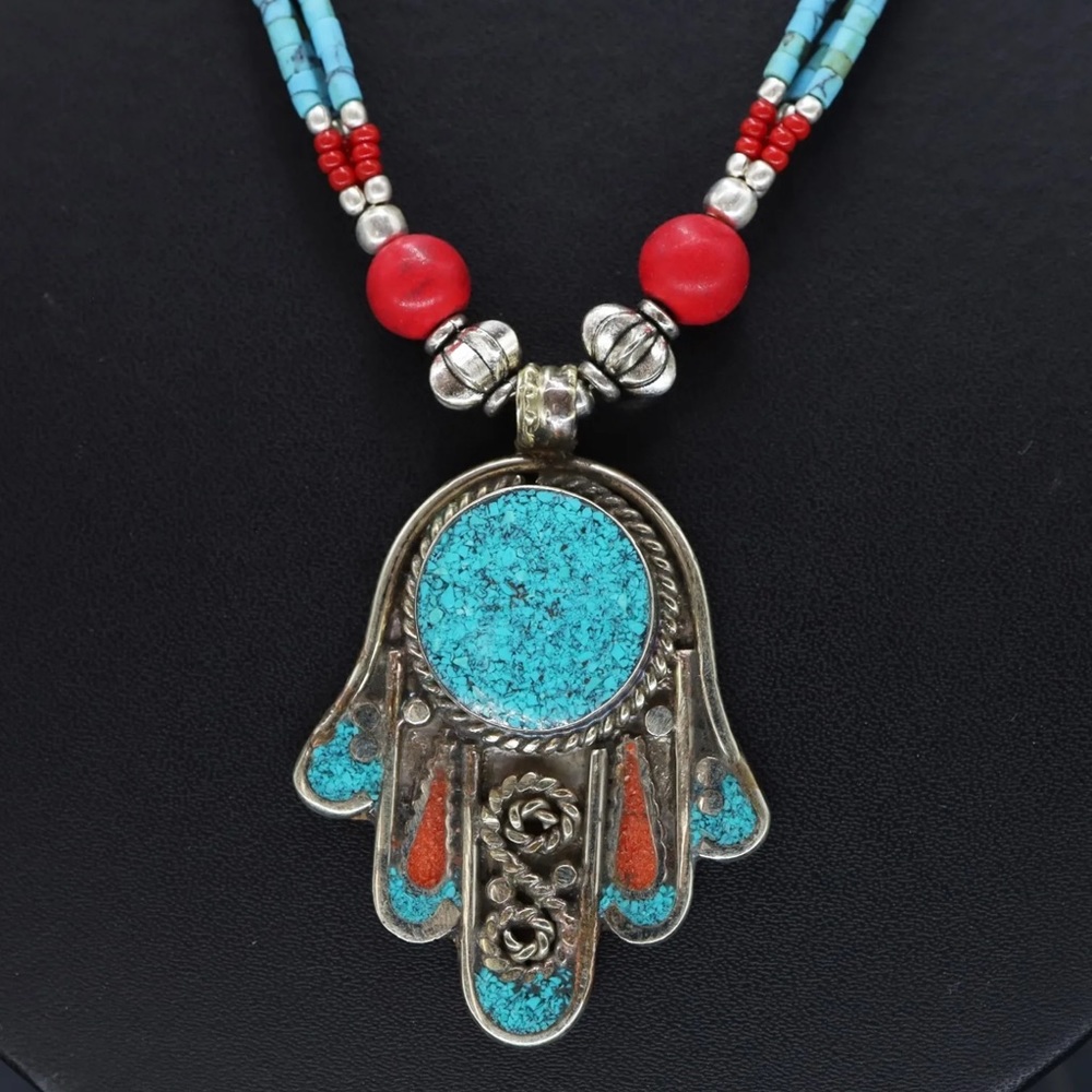 Tibetan silver turquoise and coral Nepali necklace